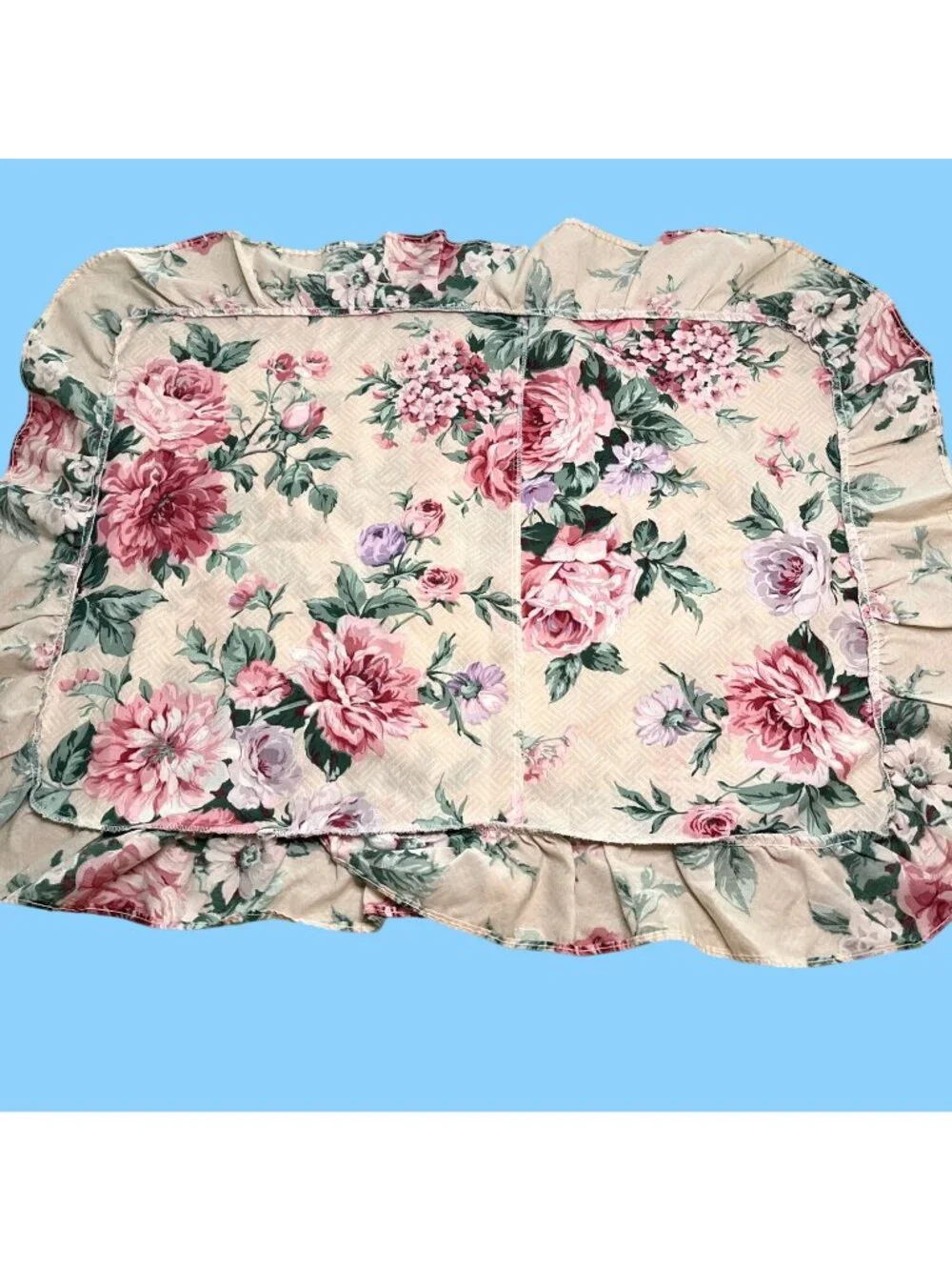 VTG Shabby Chic Cottagecore Floral Ruffled Pillow Sham Pink Cabbage Rose Flower - Picture 3 of 8